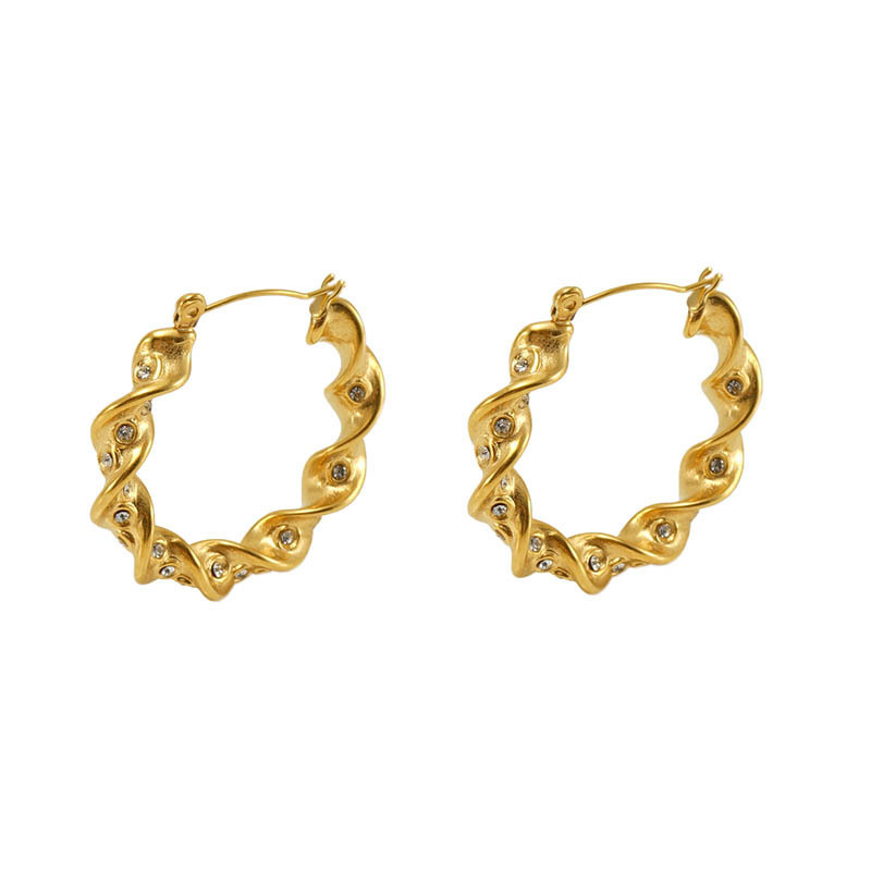 Vintage Italian Twisted Stainless Steel Hoop Earrings with Rhinestone