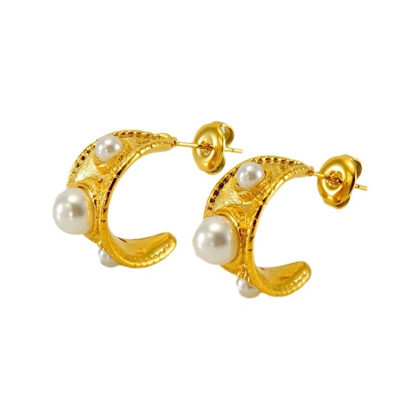 Exquisite C-Shaped Stainless Steel with Three Pearls Earrings