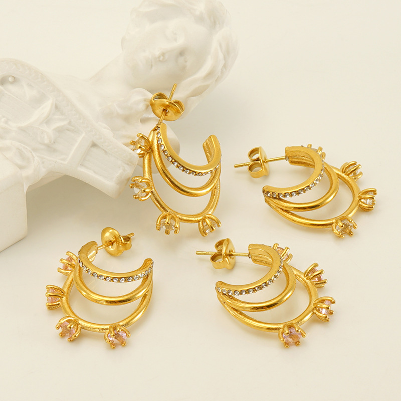 Multi-Layered C-shaped Stainless Steel Earrings with Zirconia