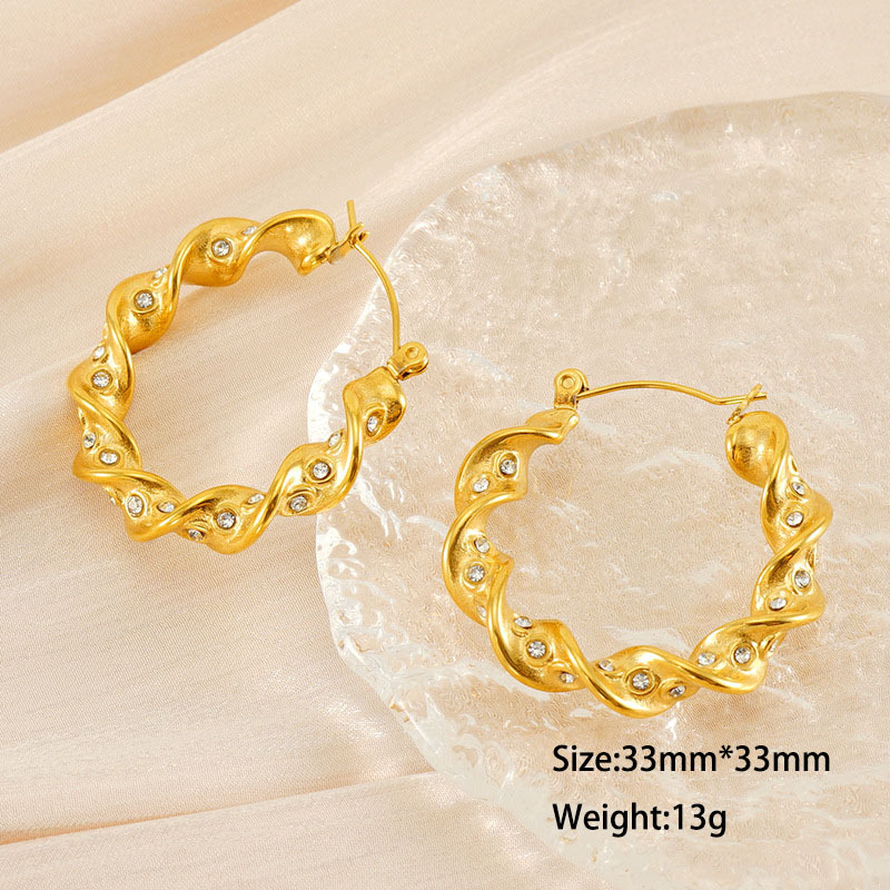 Vintage Italian Twisted Stainless Steel Hoop Earrings with Rhinestone