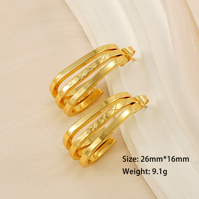 French Style Sleek Triple Layer Stainless Steel J Hoop Earrings