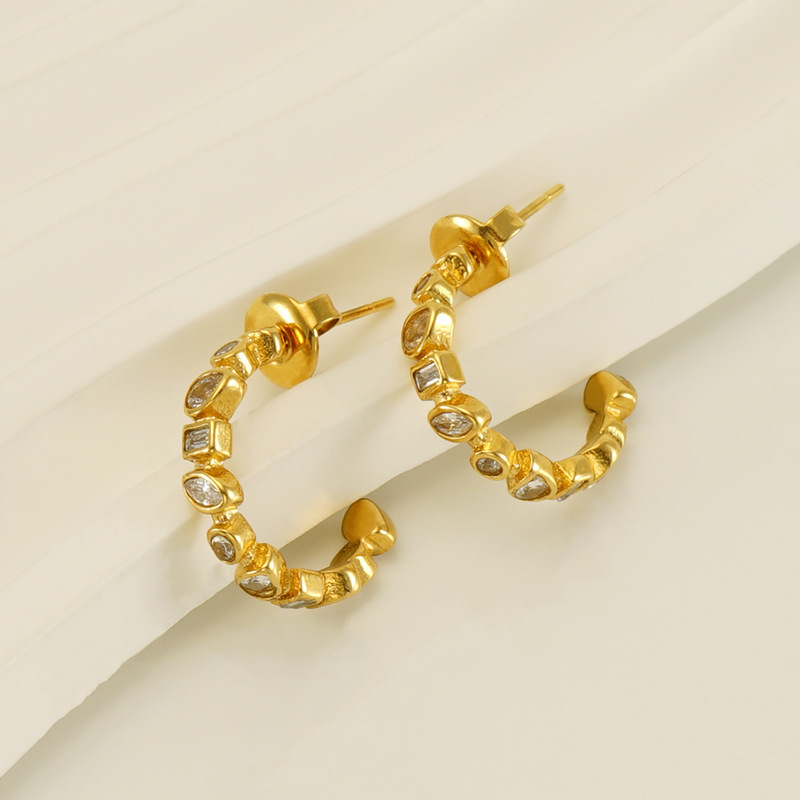 Geometric Gold Plated 316L Stainless Steel C Hoop Zircon-studded Earrings