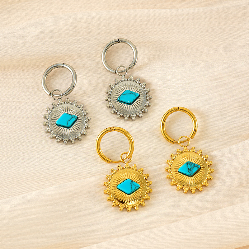 18k Gold Plated  Turquoise Sunflower Stainless Steel Round Earrings