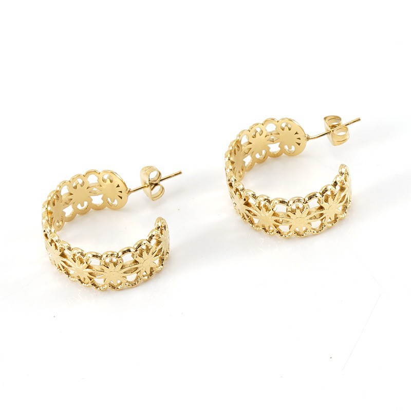 Trendy Multiple Flowers Stainless Steel  C Hoop Earrings