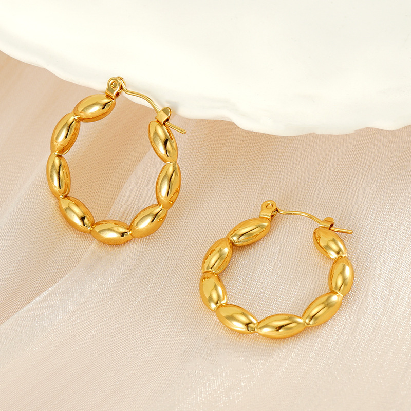 Rustic Polishing Beaded Stainless Steel Oval Hoop Earrings