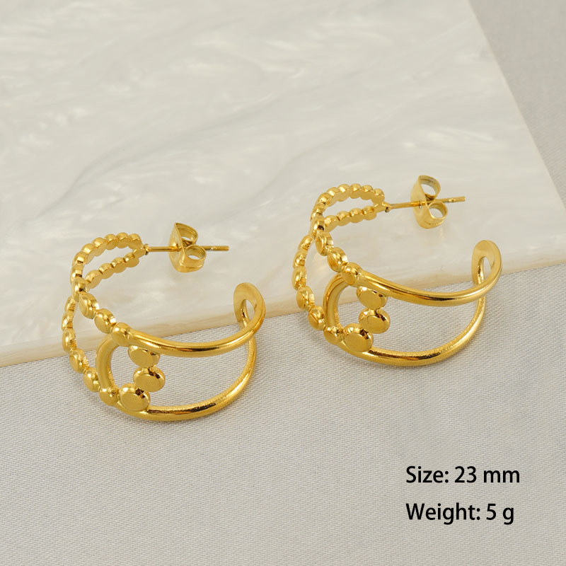 Gold Plated Stainless Steel Hoop Earrings with Beads and Lines