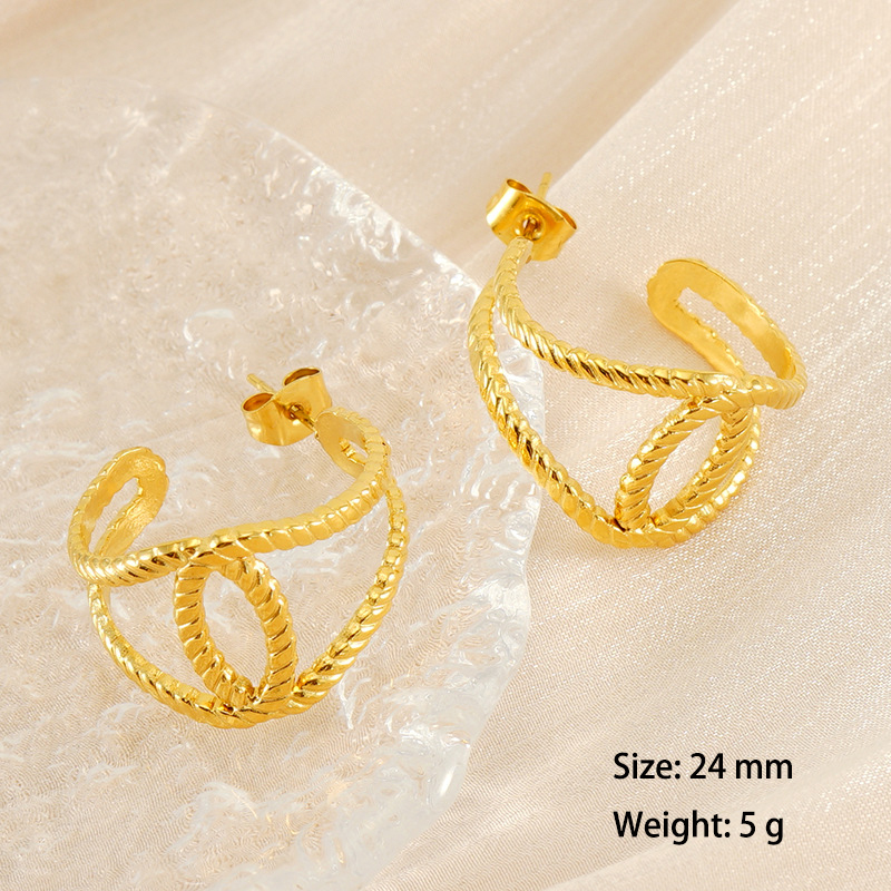 18K Plated Line Crossover  Stainless Steel Hoop Earrings