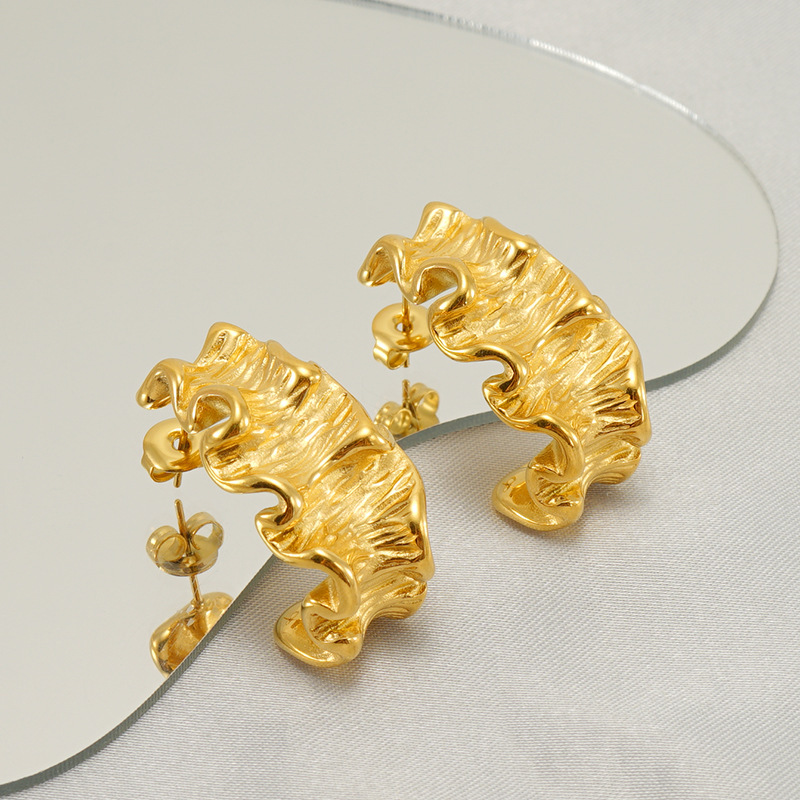 Art Deco Embossed Stainless Steel C Hoop Earrings in PVD Coated