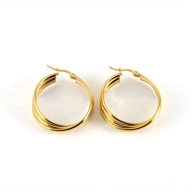 18K Gold Triple Line Minimalist Hoop Stainless Steel Earrings