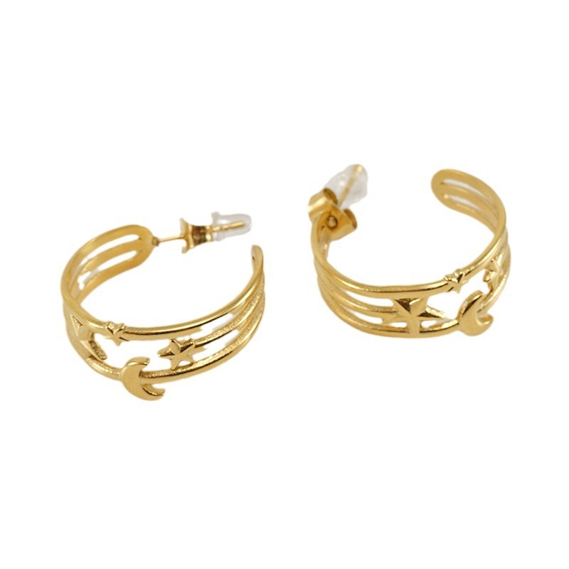 Playful Star and Moon C-hoop Earrings in  Stainless Steel