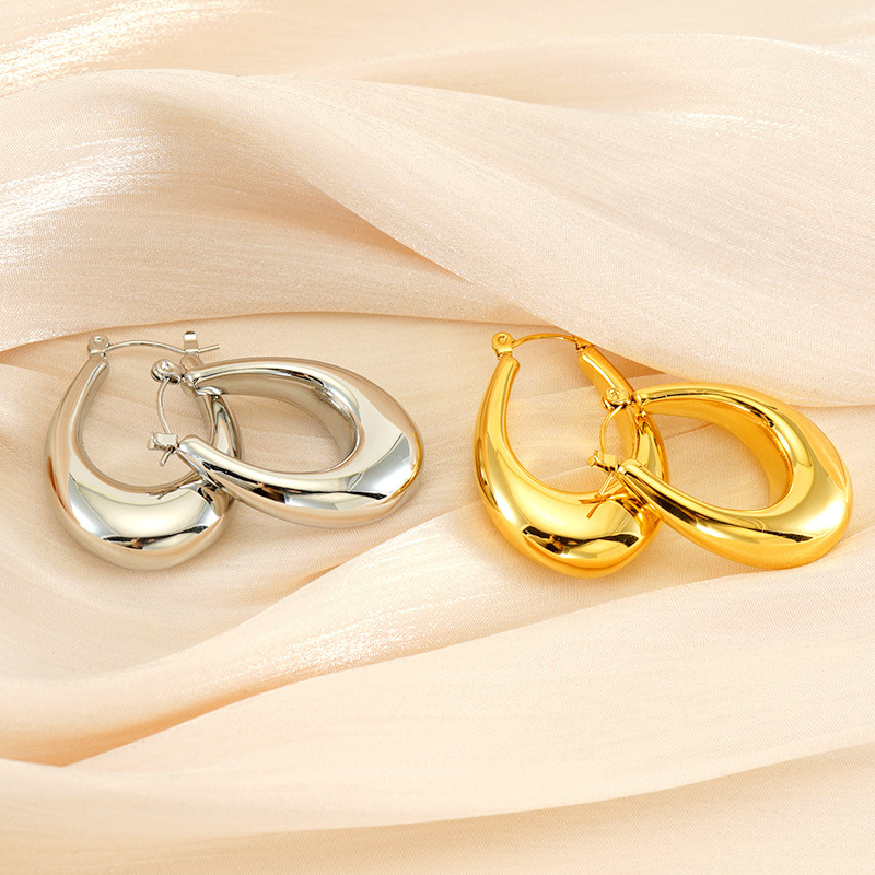 18K Coated Glossy Oval  Stainless Steel  Hoop Earrings