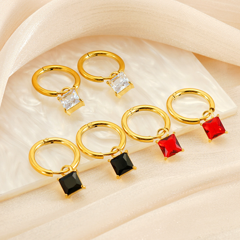 Cute Stainless Steel Huggie Earrings with Small Square Zirconia Pendant
