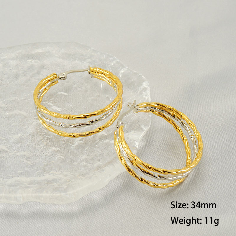 Unique Two-Tone Triple Twisted Screw Stainless Steel Hoop Earrings
