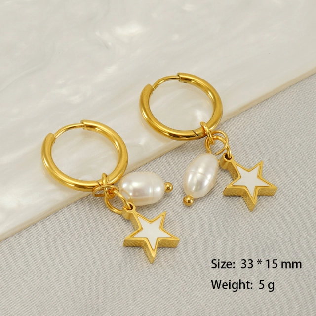 Baroque Star and Pearl Charm Stainless Steel Huggie Earrings