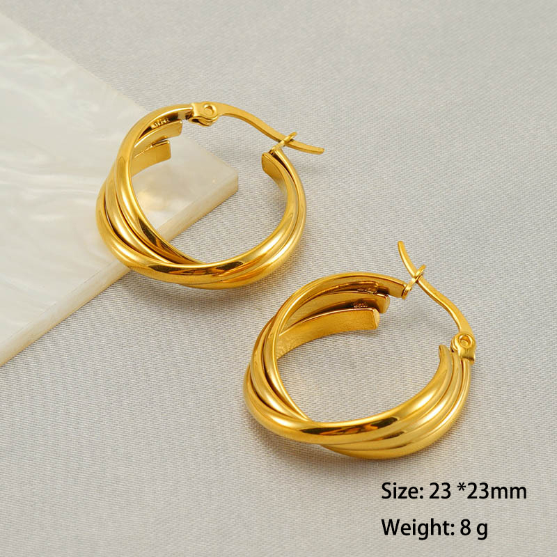 18K Gold Irregular Triple Lines Stainless Steel Hoop Earrings