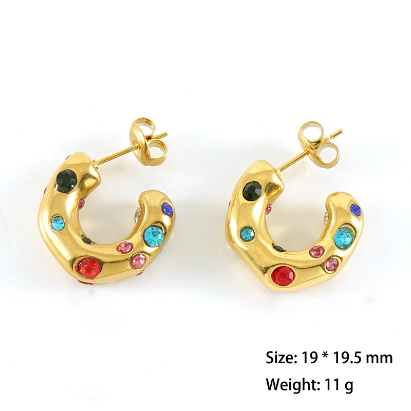 Sparkling Irregular Stainless Steel C Hoop Earrings Inlay With Colorful Zircon