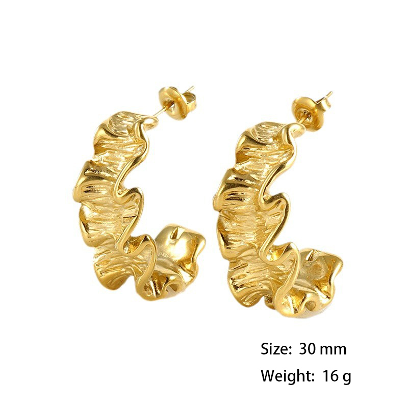 Art Deco Embossed Stainless Steel C Hoop Earrings in PVD Coated
