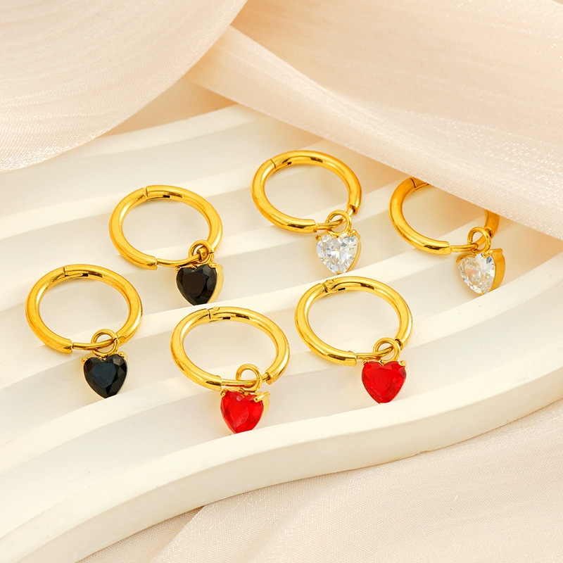 Ins Style 316L Stainless Steel with Heart  Zirconia Dangle Huggie Earrings