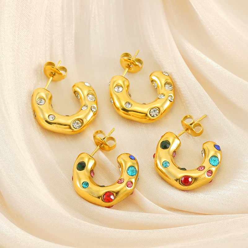 Sparkling Irregular Stainless Steel C Hoop Earrings Inlay With Colorful Zircon