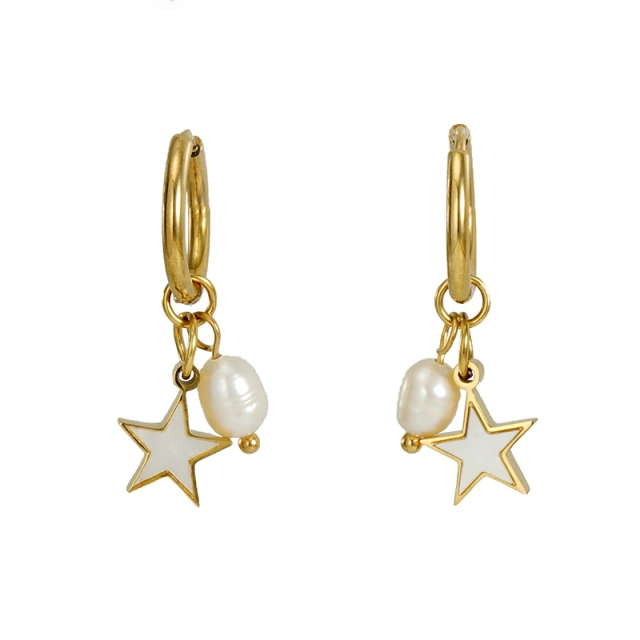 Baroque Star and Pearl Charm Stainless Steel Huggie Earrings