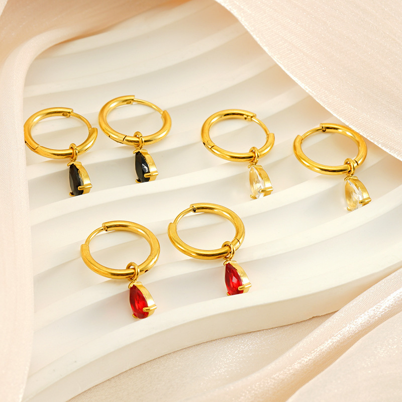 18K Plated Stainless Steel Huggie Earrings With Teardrop Zirconia