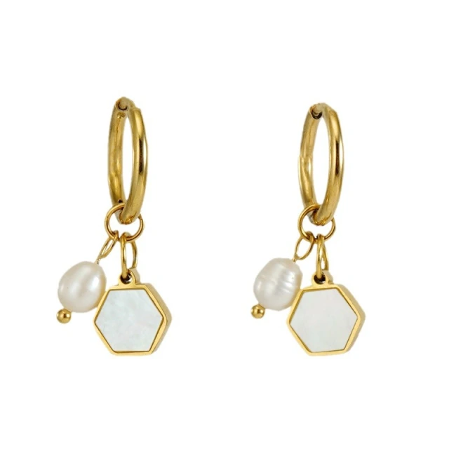 Elegant Pearl and Enamel Hexagon Charm Huggie Earrings in Stainless Steel