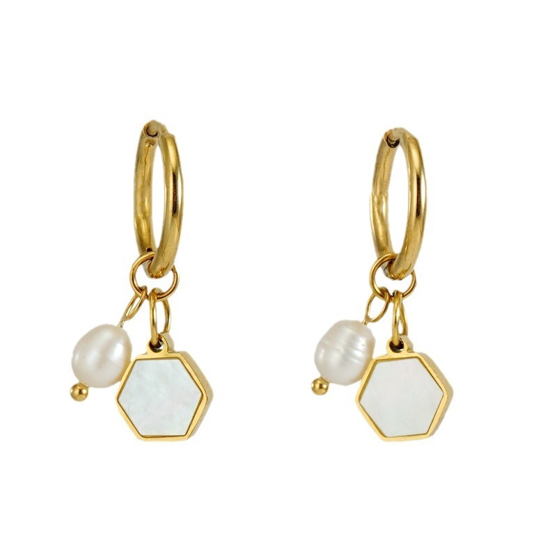 Elegant Pearl and Enamel Hexagon Charm Huggie Earrings in Stainless Steel