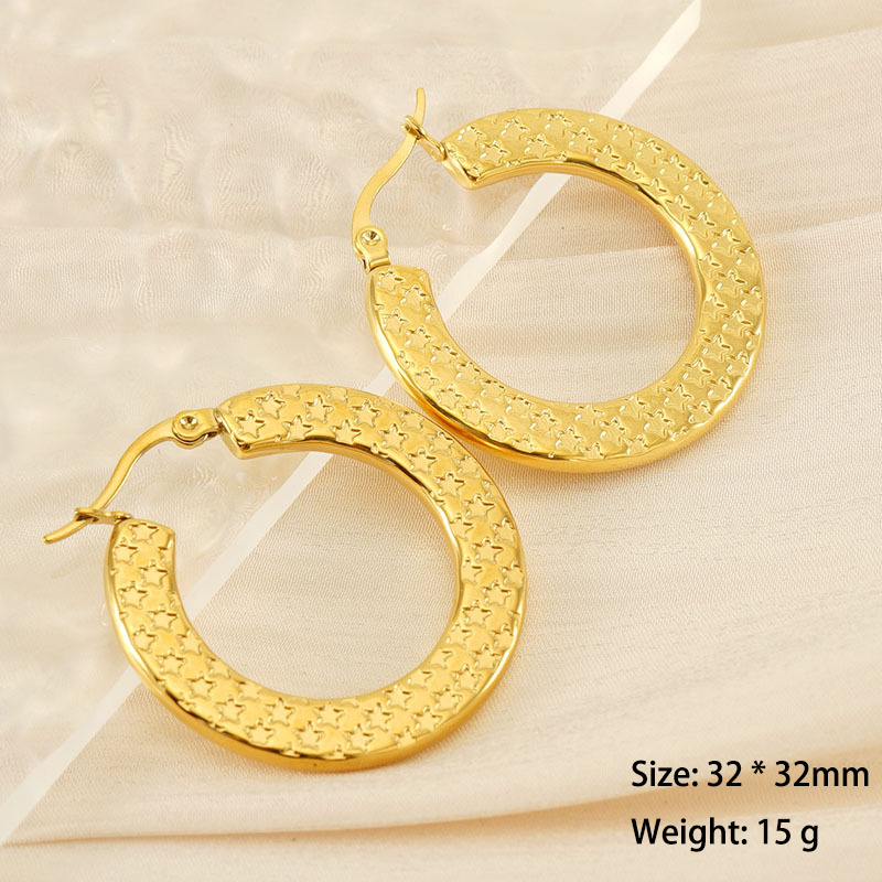 18K Gold Plated Exaggerated Circle With Star Stainless Steel Hoop Earrings