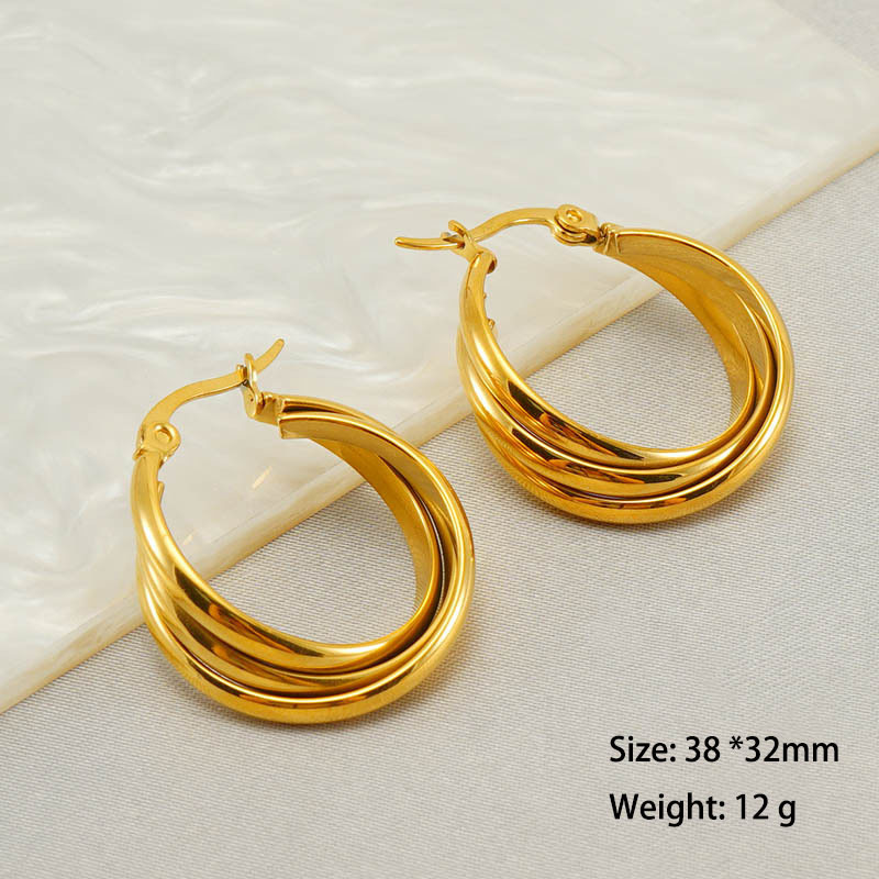 18K Gold Triple Line Minimalist Hoop Stainless Steel Earrings