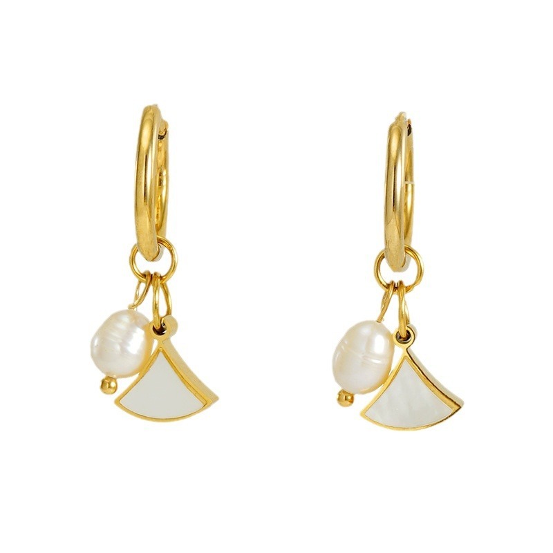Stainless Steel Huggie Earrings With Pearl & Sector Enamel Charm