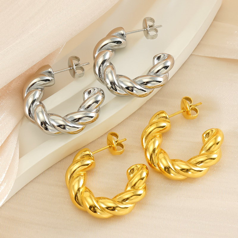 Classic Chunky Twist C-Shaped Stainless Steel  Hoop Earrings