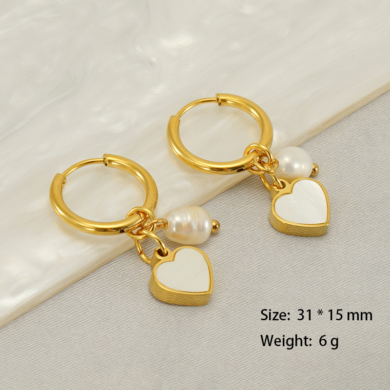 316L Stainless Steel Charm Huggie Earrings With Enamel Heart And Pearl