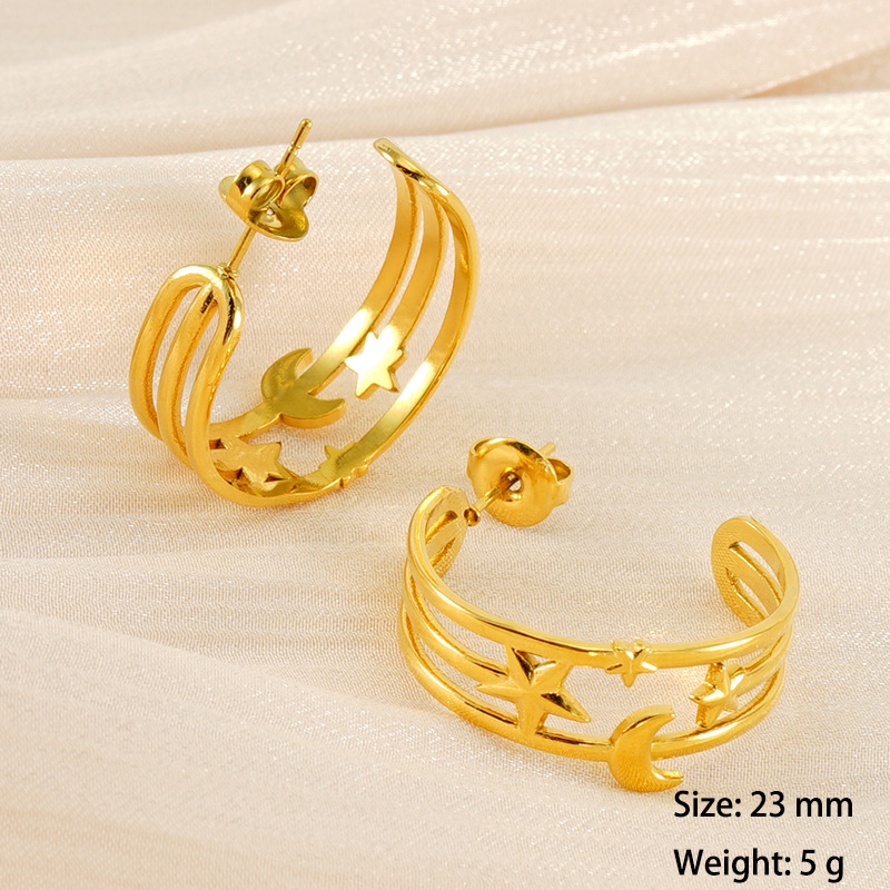 Playful Star and Moon C-hoop Earrings in  Stainless Steel