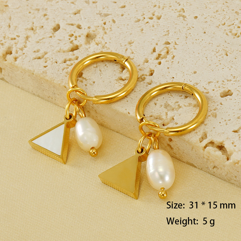 Enamel Triangle and Pearl Charm Stainless Steel Charm Huggie Earrings