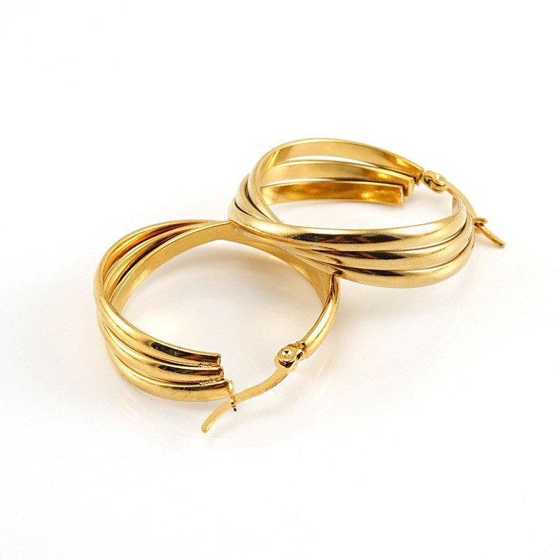 18K Gold Irregular Triple Lines Stainless Steel Hoop Earrings