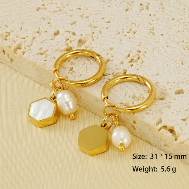 Elegant Pearl and Enamel Hexagon Charm Huggie Earrings in Stainless Steel