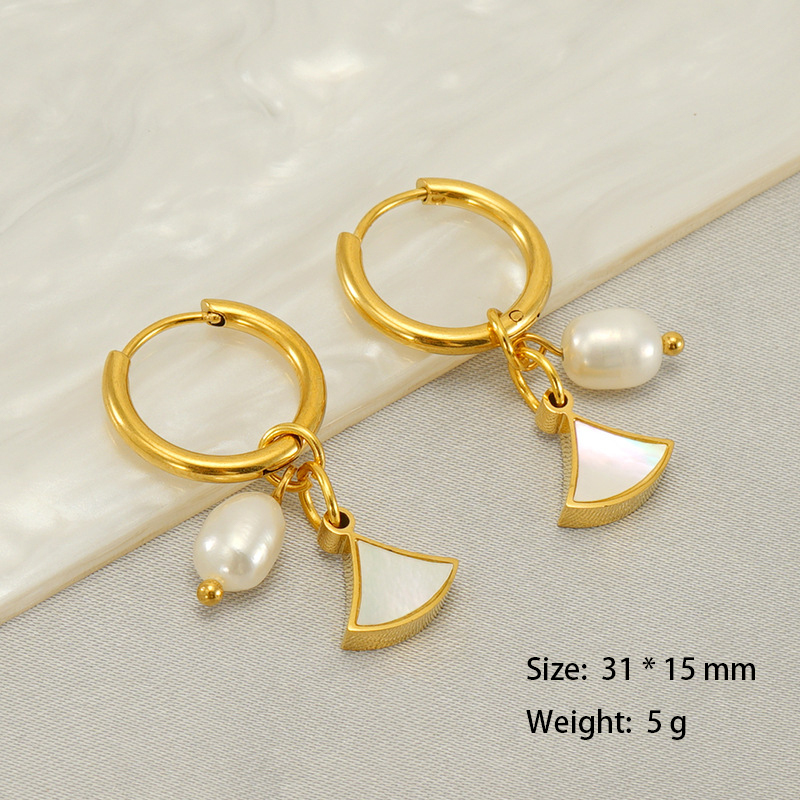 Stainless Steel Huggie Earrings With Pearl & Sector Enamel Charm