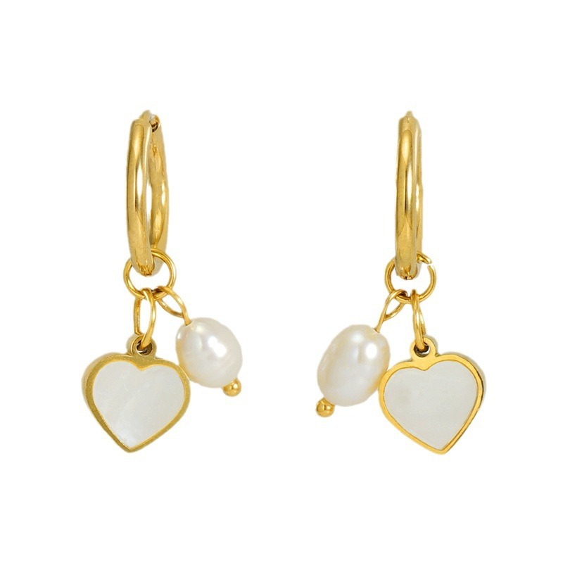 316L Stainless Steel Charm Huggie Earrings With Enamel Heart And Pearl