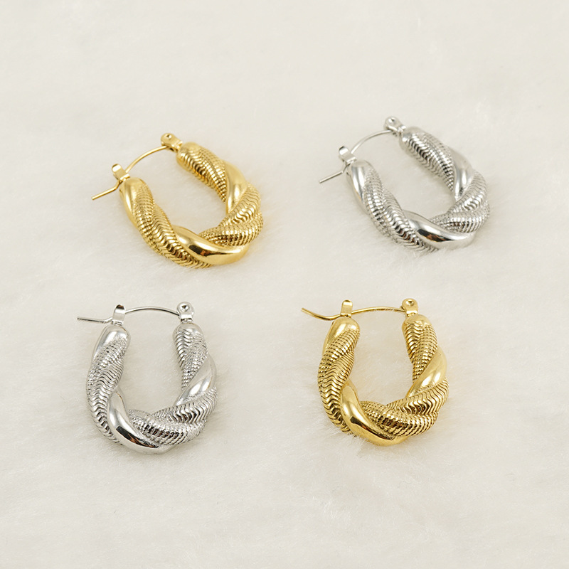 Intricate U-Shaped Twisted Stainless Steel Hoop Earrings