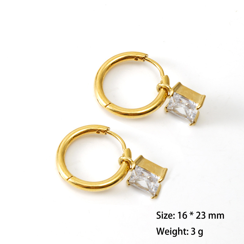 Cute Stainless Steel Huggie Earrings with Small Square Zirconia Pendant