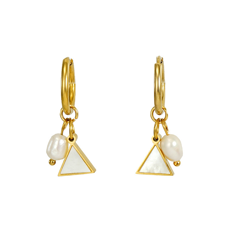 Enamel Triangle and Pearl Charm Stainless Steel Charm Huggie Earrings