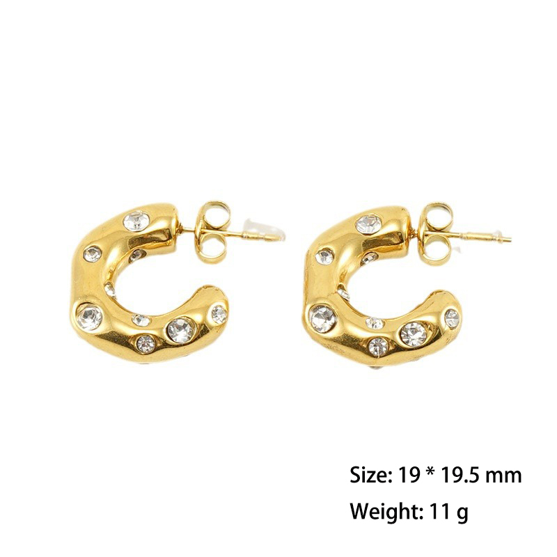 Sparkling Irregular Stainless Steel C Hoop Earrings Inlay With Colorful Zircon