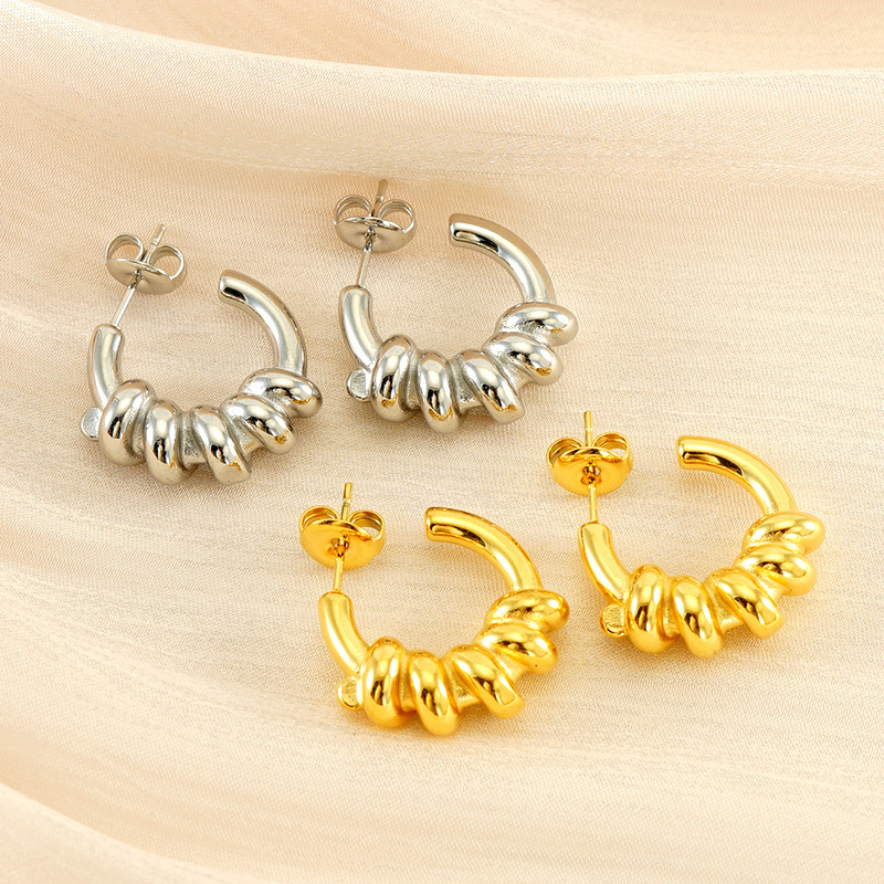 PVD Coated Stainless Steel Spiral Wire Wrap C Hoop Earrings