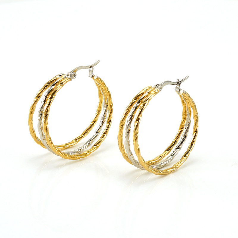 Unique Two-Tone Triple Twisted Screw Stainless Steel Hoop Earrings