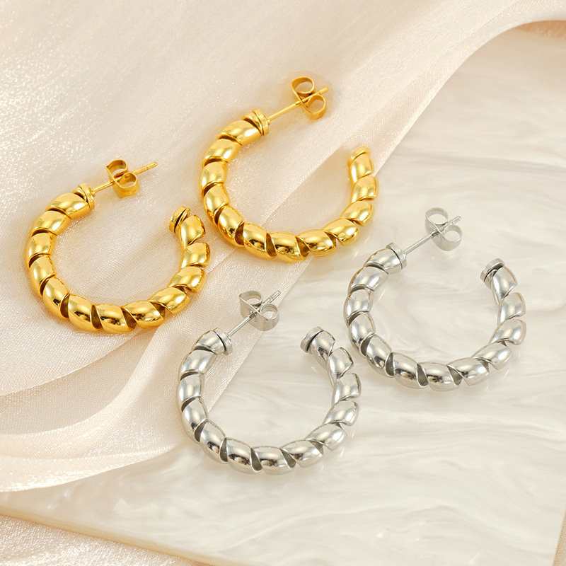 Minimalist Hollow Out Twisted Stainless Steel C Hoop Earrings