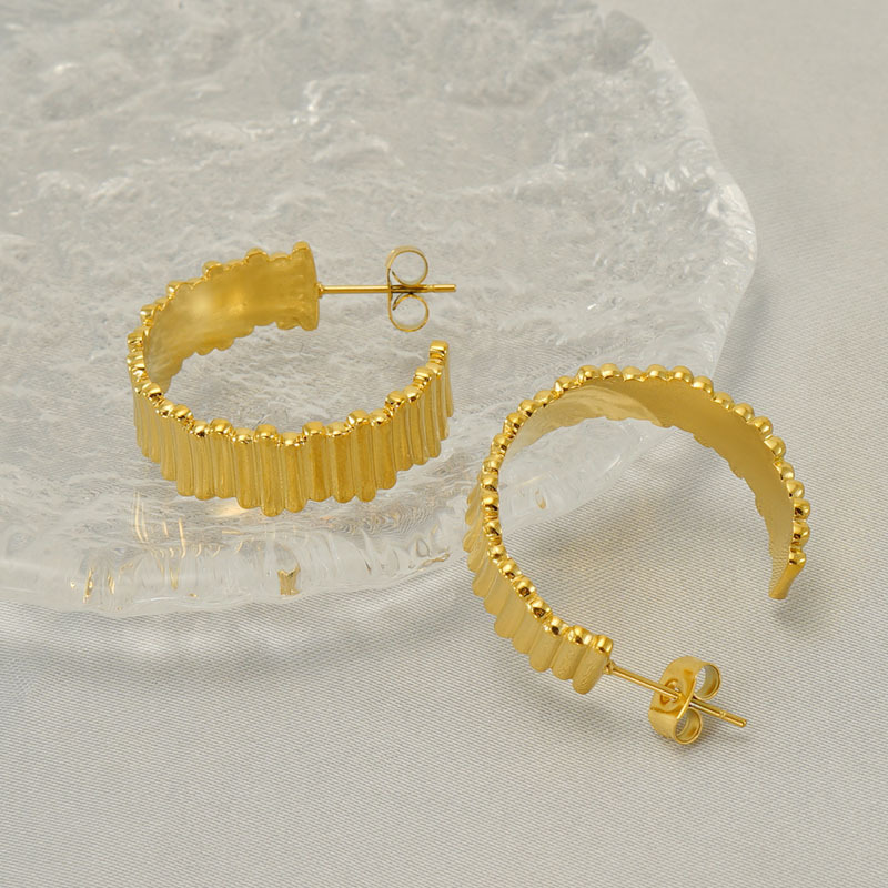 Minimalist Embossed Paris Ridge Stainless Steel C Hoop Earrings