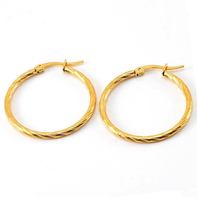 Bold and Geometric  Twisted Threaded  Stainless Steel Hoop Earrings