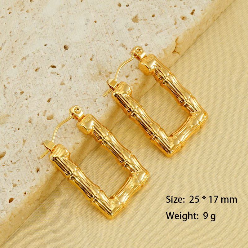 Vintage 18K Bamboo Square Textured Stainless Steel  Hoop Earrings