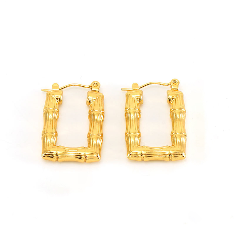 Vintage 18K Bamboo Square Textured Stainless Steel  Hoop Earrings