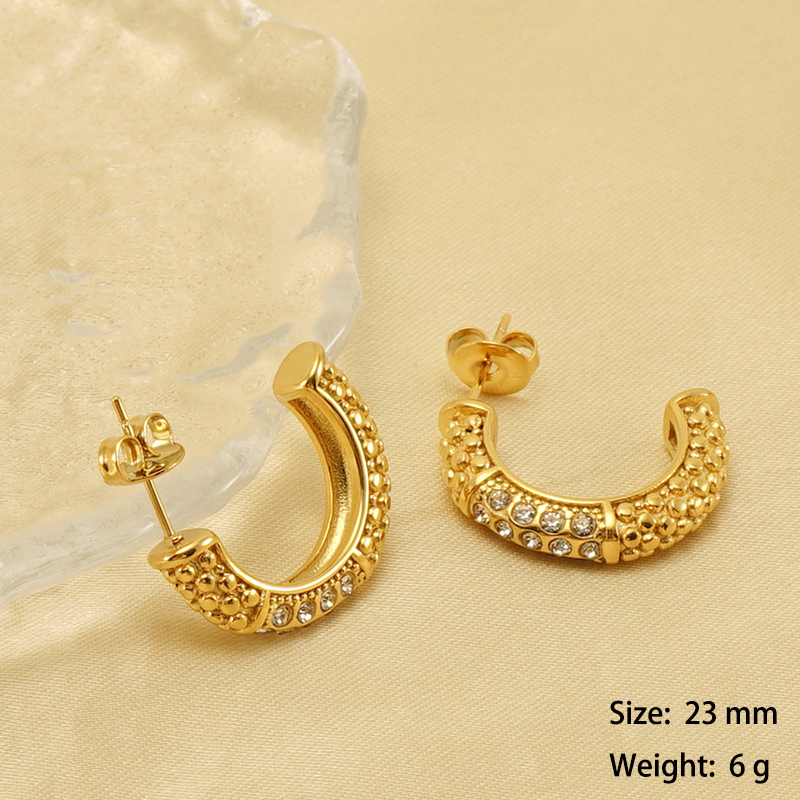 Vintage Bobble Stainless Steel C Hoop Earrings with Rhinestone